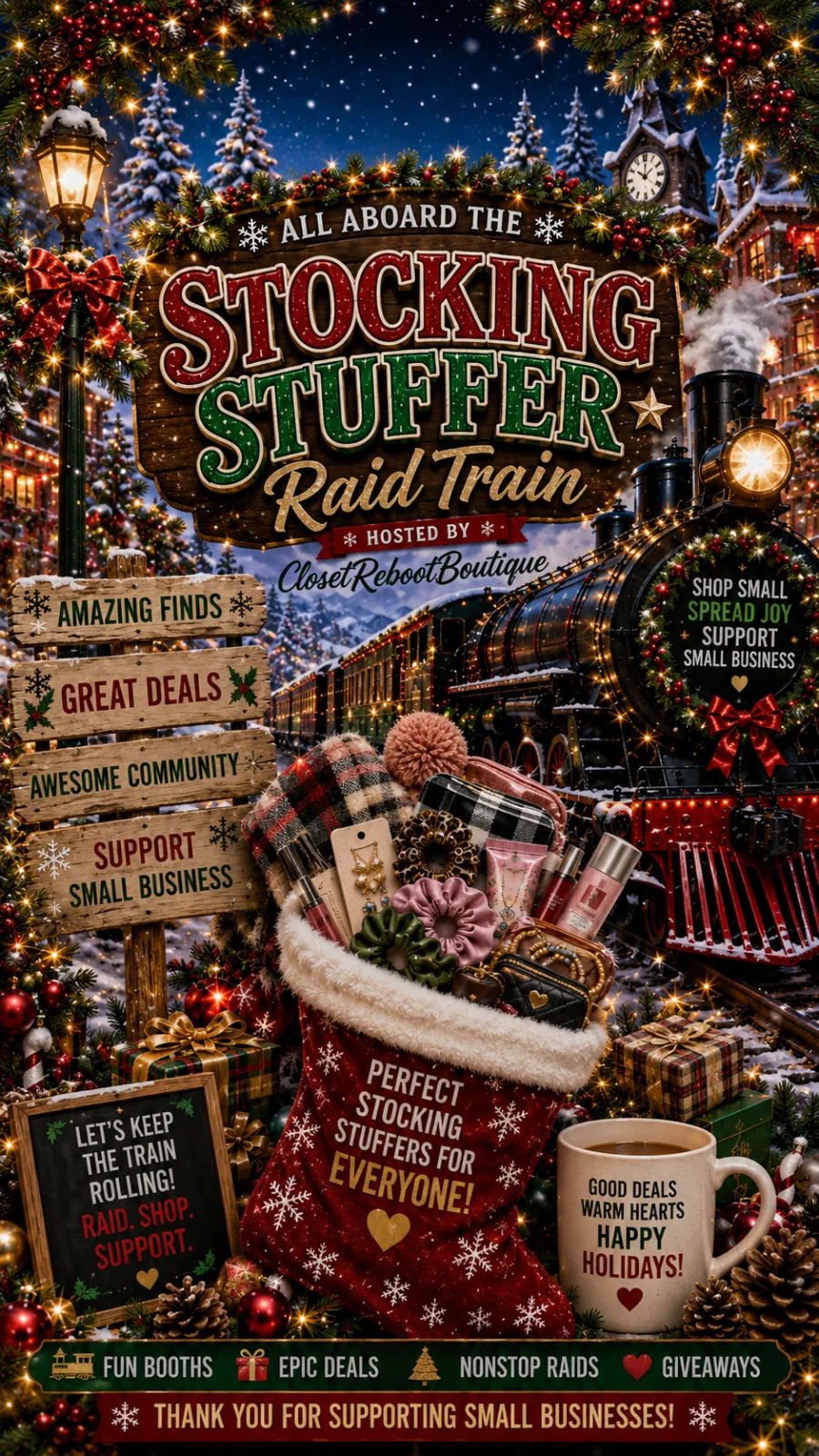 Stocking Stuffers Raid Train event flyer
