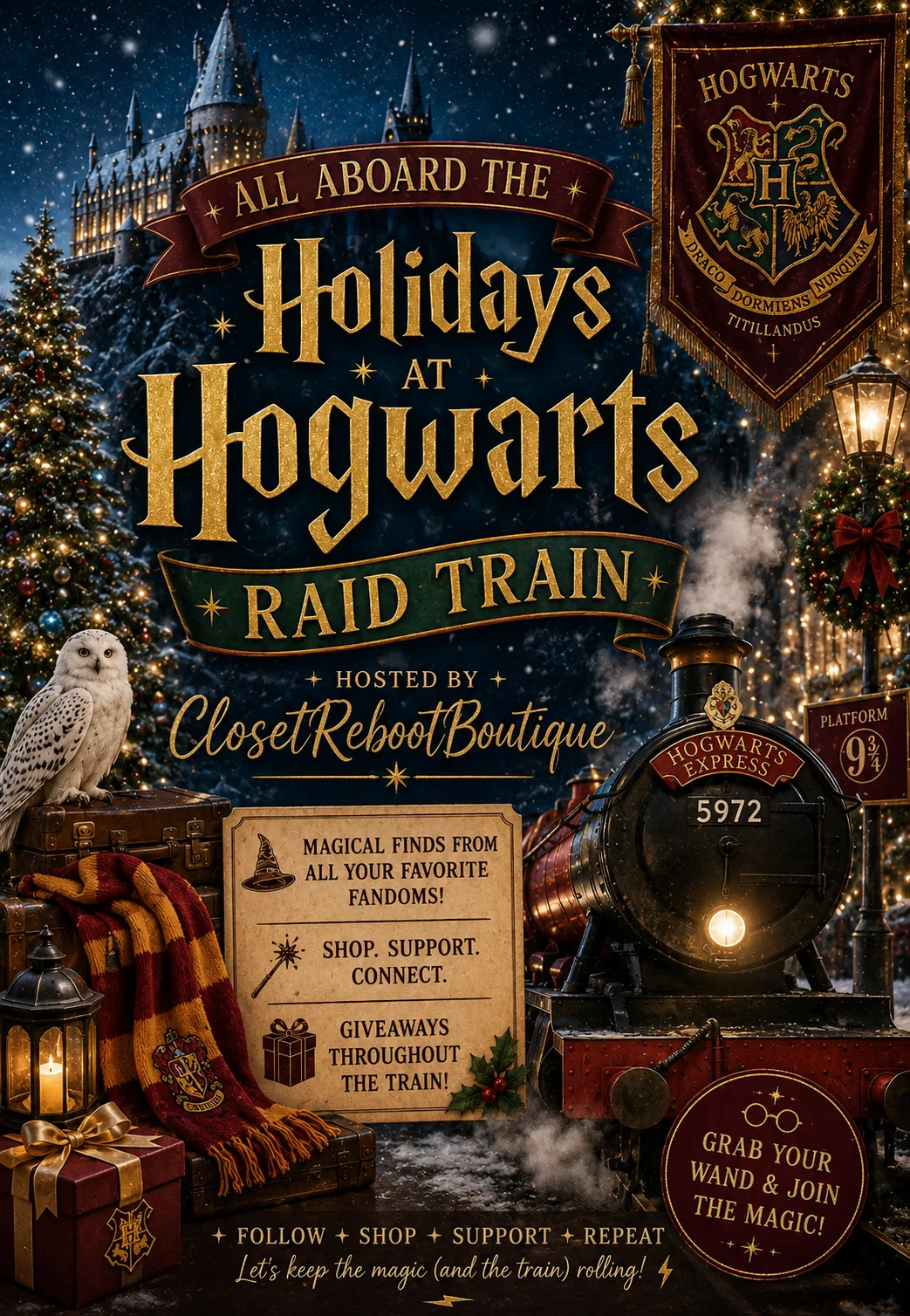 Holidays at Hogwarts Raid Train event flyer